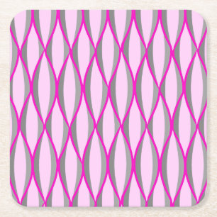 Mid-Century Ribbon Print - pink and grey / gray Square Paper Coaster