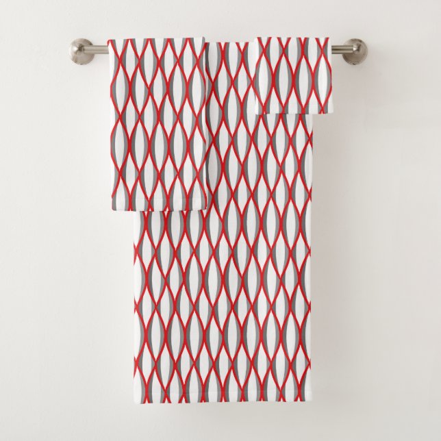 Mid-Century Ribbon Print, Red, Gray and White  Bath Towel Set (Insitu)