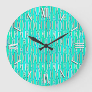 Mid-Century Ribbon Print - shades of turquoise Large Clock