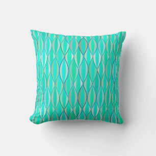 Mid-Century Ribbon Print - shades of turquoise Throw Pillow