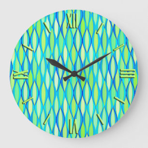 Mid-Century Ribbon Print - turquoise and lime Large Clock
