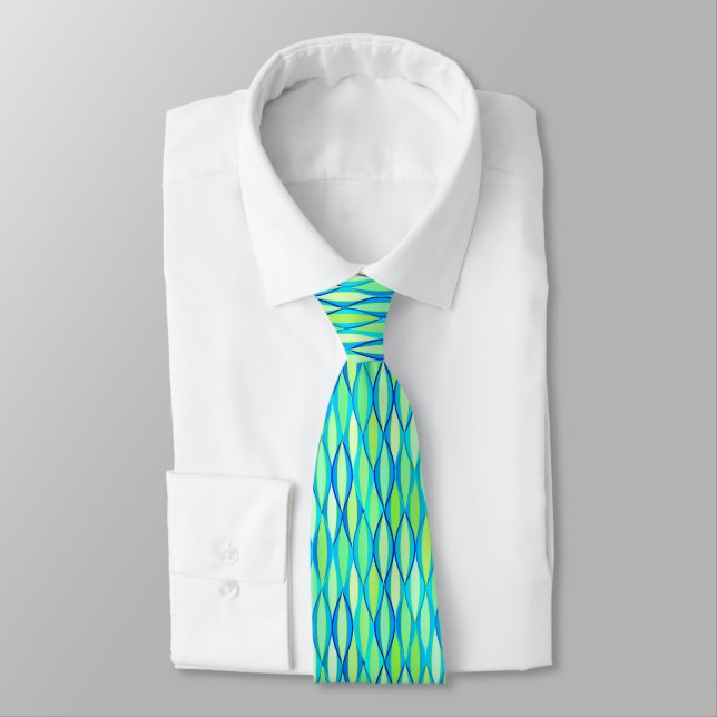 Mid-Century Ribbon Print - turquoise and lime Neck Tie (Tied)