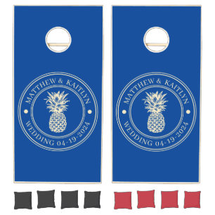 Mid-Century Royal Pineapple Wedding Crest & Name Cornhole Set