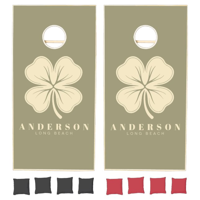 Mid-Century Sage Meadow Four Leaf Clover with Name Cornhole Set (Set)