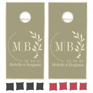Mid-Century Sage Meadow Leaf Wedding Monogram Cornhole Set