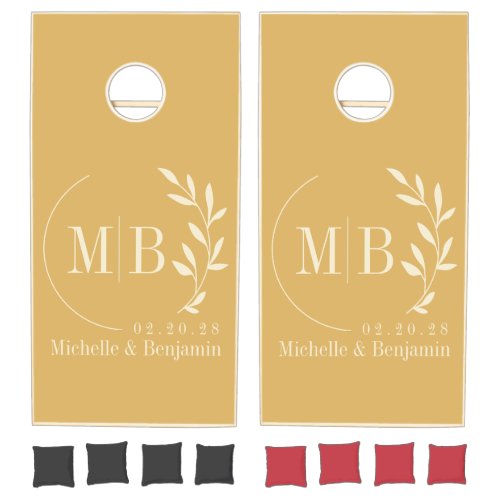 Mid-Century Sand Sunrise Leaf Wedding Monogram Cornhole Set