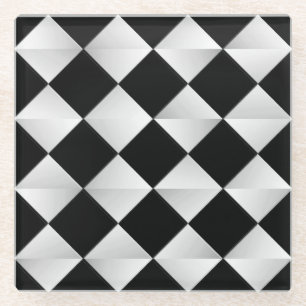 Mid-Century Satin Diamonds - black and white Glass Coaster