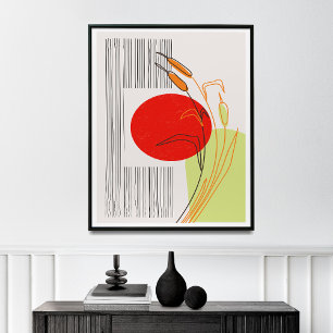 Mid-Century Scandinavian Boho Simple Red Sun Lake Poster