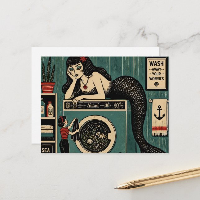 Mid Century Sea Siren on Laundry Day Postcard (Front/Back In Situ)