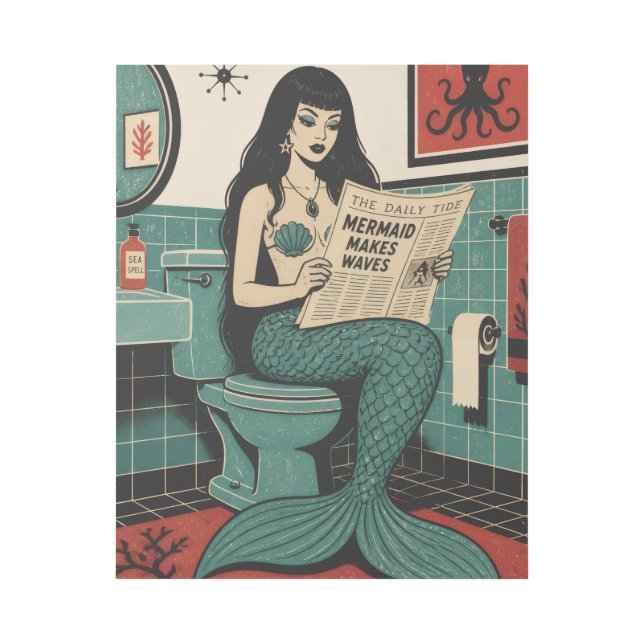 Mid Century Sea Siren on Toilet Reading Newspaper Gallery Wrap (Front)