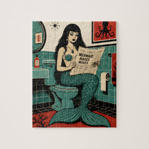 Mid Century Sea Siren on Toilet Reading Newspaper Jigsaw Puzzle