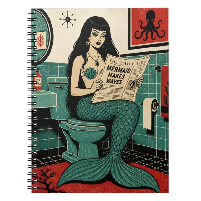 Mid Century Sea Siren on Toilet Reading Newspaper Notebook (Front)