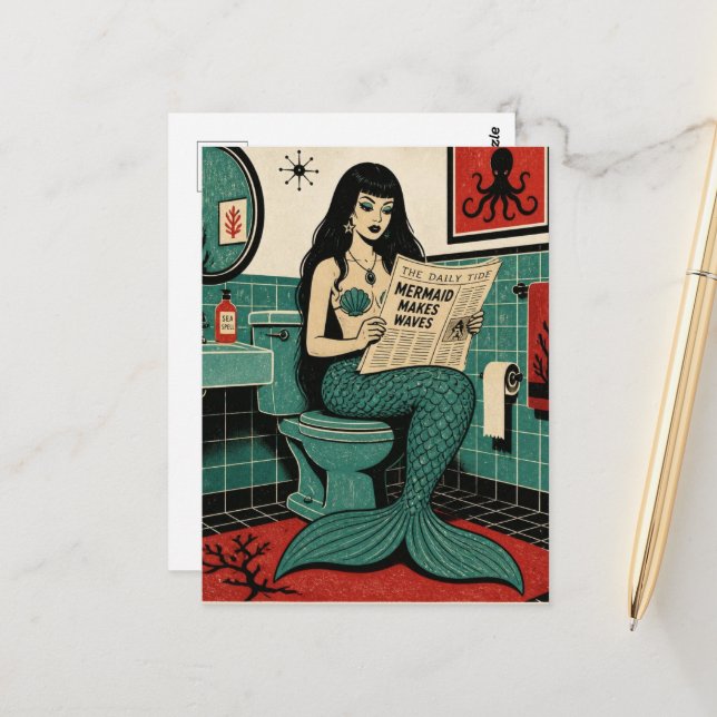 Mid Century Sea Siren on Toilet Reading Newspaper Postcard (Front/Back In Situ)