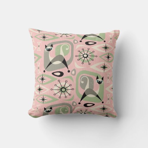 Mid Century Siamese Cat Abstract Throw Pillow