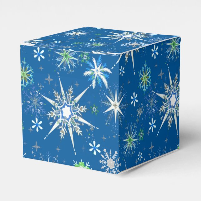 Mid-Century Snowflakes Galore On Blue Favor Boxes (Front Side)