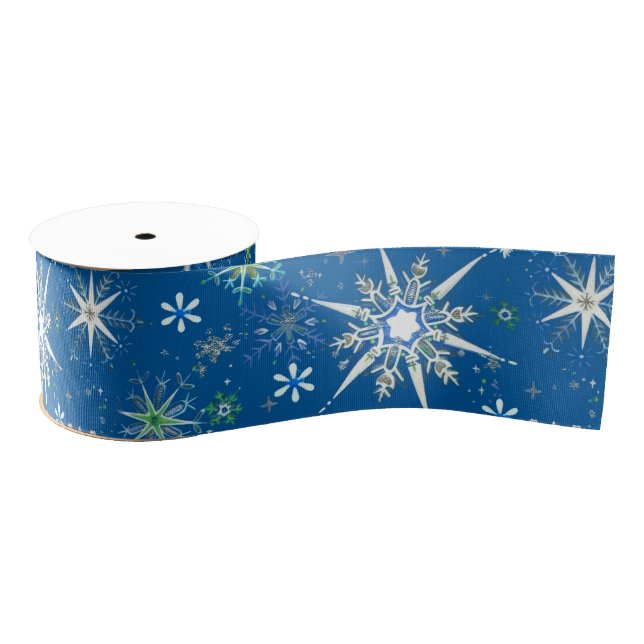 Mid-Century Snowflakes Galore On Blue Grosgrain Ribbon (Spool)