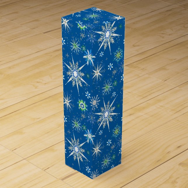 Mid-Century Snowflakes Galore On Blue Wine Box (Front)