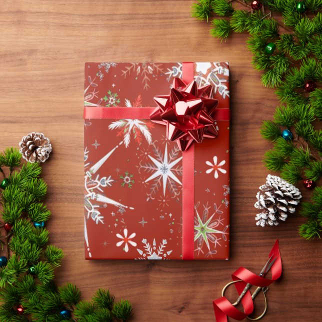 Mid-Century Snowflakes Galore On Red Wrapping Paper (Holiday Gift)