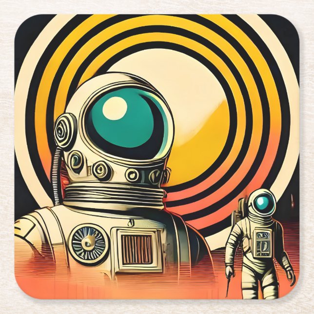 Mid Century Space Age Astronaut Landing Art  Square Paper Coaster (Front)