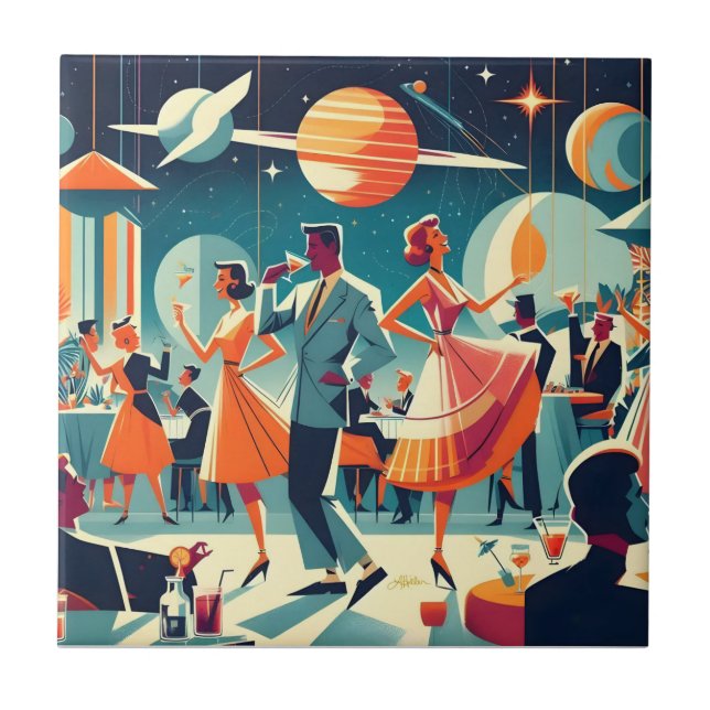 Mid Century Space Age Cocktail Party Ceramic Tile (Front)