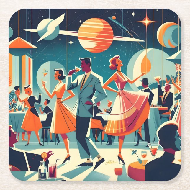 Mid Century Space Age Cocktail Party Square Paper Coaster (Front)