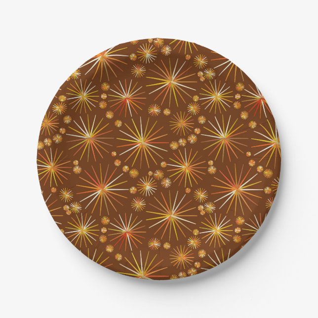 Mid Century Sputnik pattern, Chocolate Brown Paper Plates (Front)
