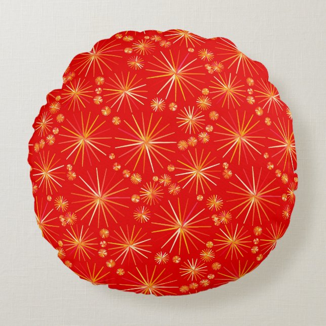 Mid Century Sputnik pattern, Deep Red Round Pillow (Front)