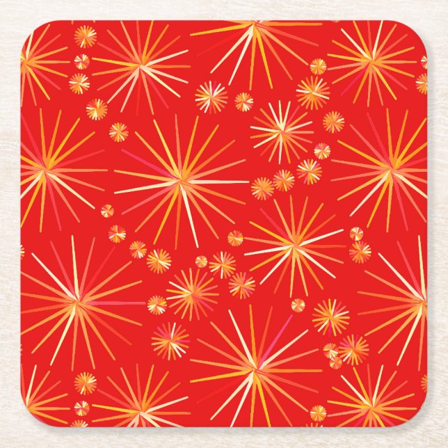 Mid Century Sputnik pattern, Deep Red Square Paper Coaster (Front)