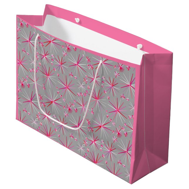 Mid Century Sputnik pattern, Grey and Fuchsia Large Gift Bag (Front Angled)