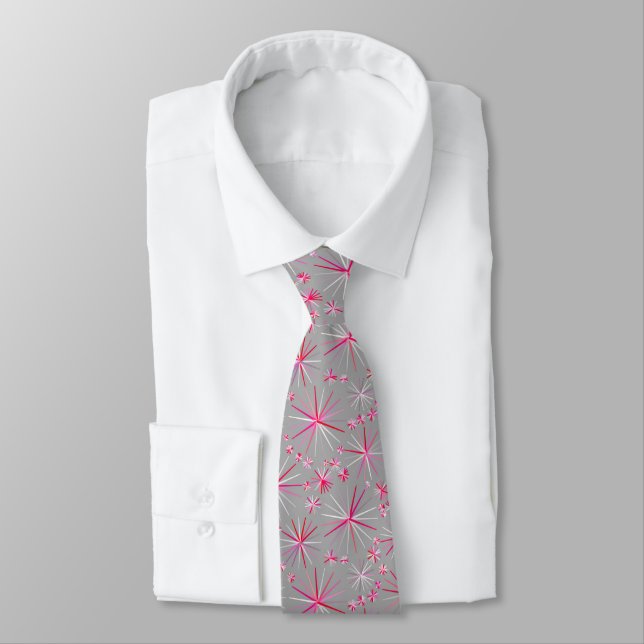 Mid Century Sputnik pattern, Grey and Fuchsia Neck Tie (Tied)