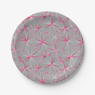 Mid Century Sputnik pattern, Grey and Fuchsia Paper Plates