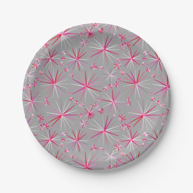Mid Century Sputnik pattern, Grey and Fuchsia Paper Plates (Front)