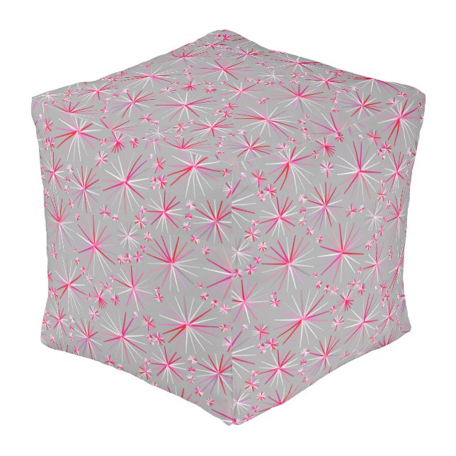 Mid Century Sputnik pattern, Grey and Fuchsia Pouf (Angled Front)