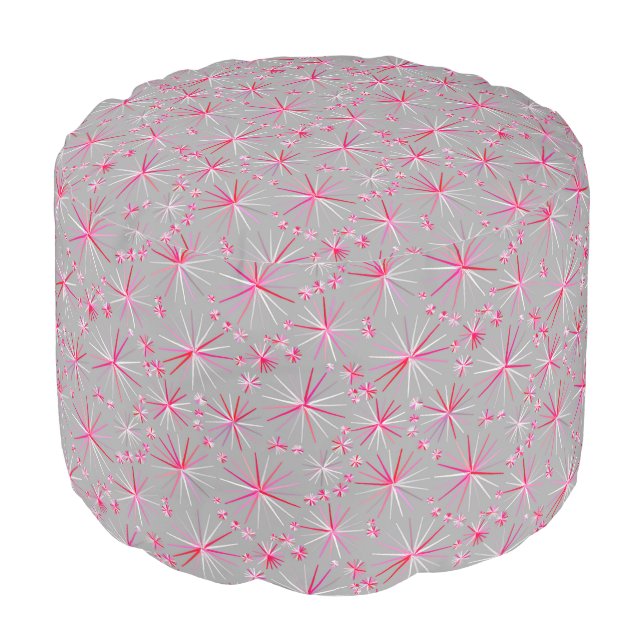 Mid Century Sputnik pattern, Grey and Fuchsia Pouf (Angled Front)