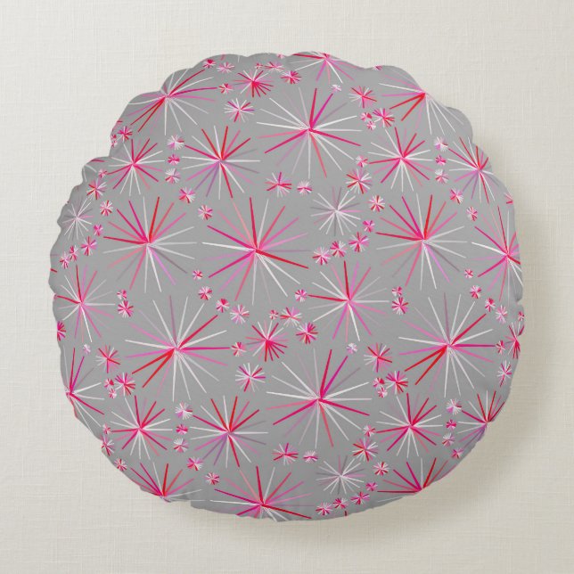 Mid Century Sputnik pattern, Grey and Fuchsia Round Pillow (Front)