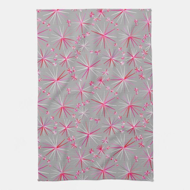 Mid Century Sputnik pattern, Grey and Fuchsia Towel (Vertical)