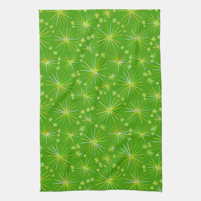 Mid Century Sputnik pattern, Olive Green Kitchen Towel (Vertical)