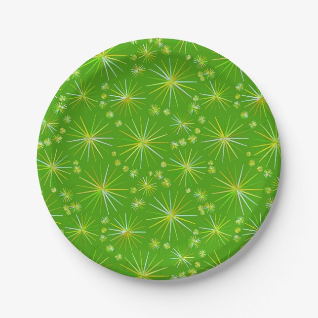 Mid Century Sputnik pattern, Olive Green Paper Plates (Front)