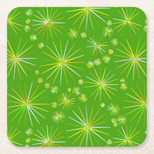 Mid Century Sputnik pattern, Olive Green Square Paper Coaster