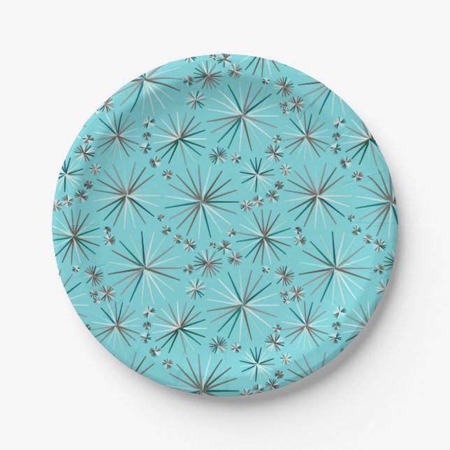 Mid Century Sputnik pattern, Robin's Egg Blue Paper Plates (Front)
