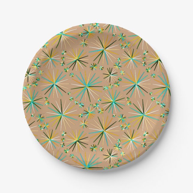 Mid Century Sputnik pattern, Taupe Tan Paper Plates (Front)