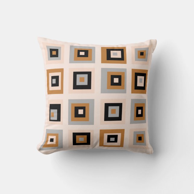 Mid Century Squares Pattern Black And Terracotta Throw Pillow (Front)