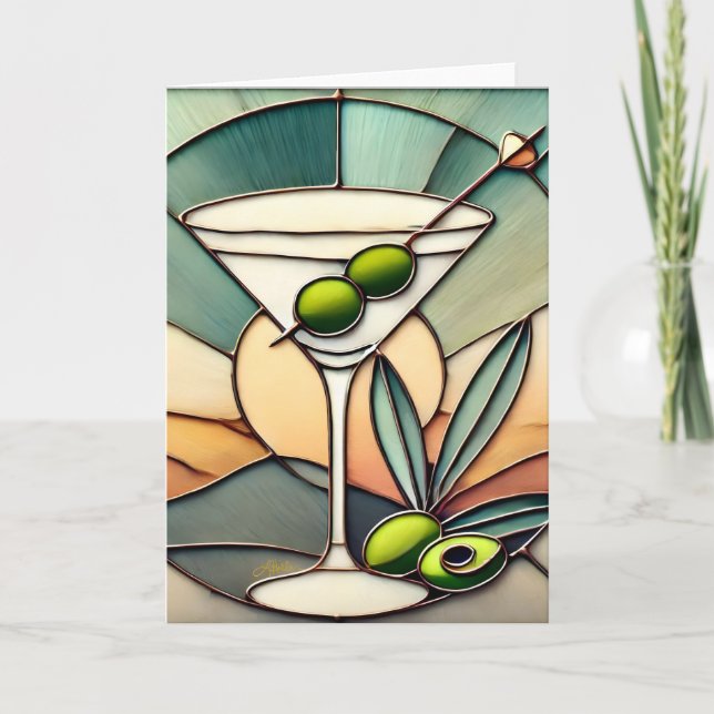 Mid Century Stained Glass 2 Olive Martini Card (Front)
