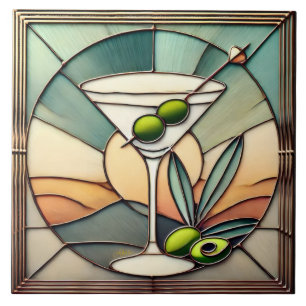 Mid Century Stained Glass 2 Olive Martini Ceramic Tile