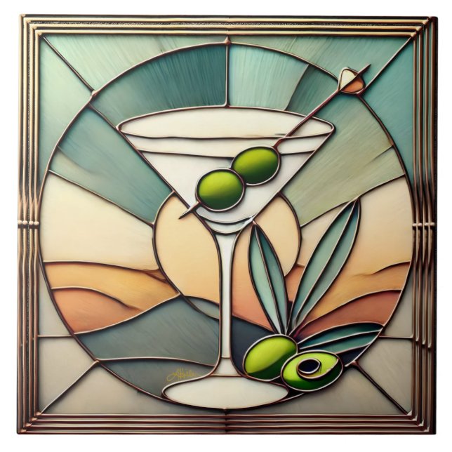Mid Century Stained Glass 2 Olive Martini Ceramic Tile (Front)