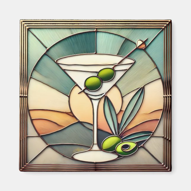 Mid Century Stained Glass 2 Olive Martini Magnet (Front)