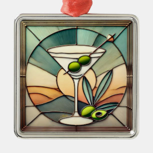 Mid Century Stained Glass 2 Olive Martini Metal Ornament