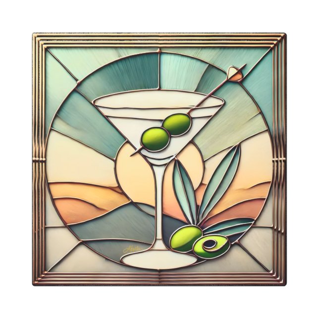 Mid Century Stained Glass 2 Olive Martini Metal Print (Front)