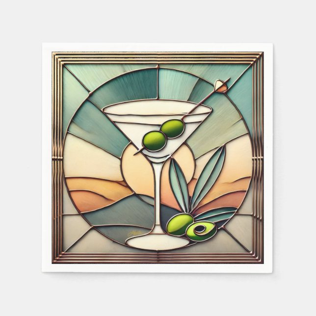 Mid Century Stained Glass 2 Olive Martini Napkins (Front)