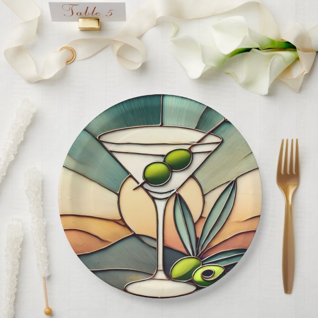 Mid Century Stained Glass 2 Olive Martini Paper Plates (Wedding)